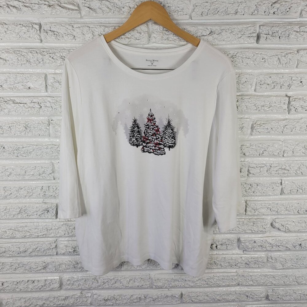Studio Works Women's 2X Christmas Tree Tee White 100% Cotton WHI2E